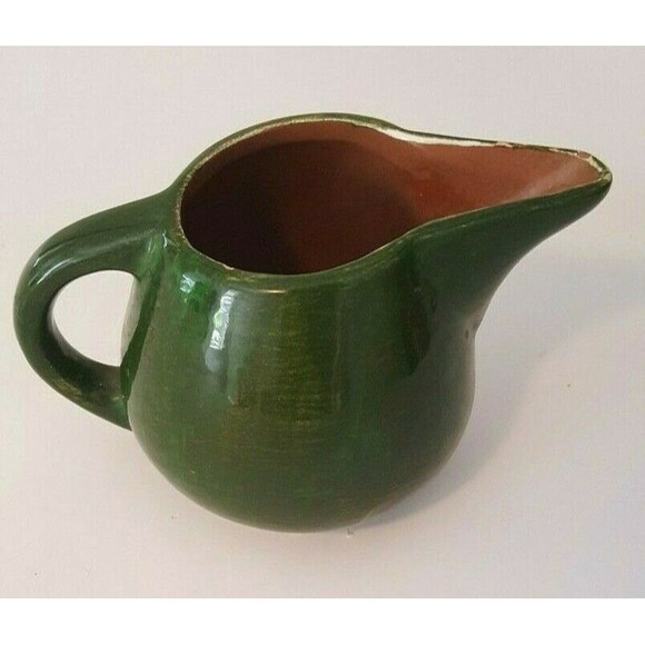 STANGL Milk Pitcher signed Pottery Green Brown 3 3/4 X 6   USA 1/2 pt Vintage - Picture 1 of 8